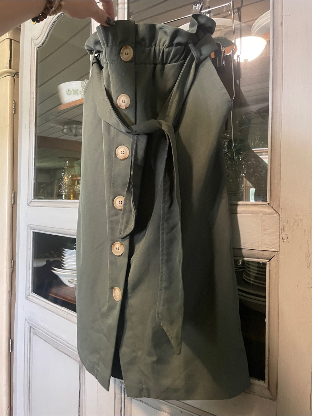 New Never Worn- Pencil Skirt- Olive Green Button-Front Paperbag Waist Midi Skirt